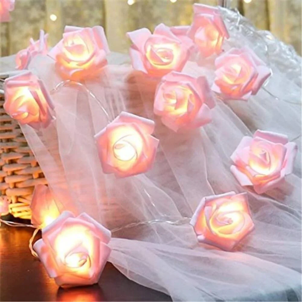 Pink Rose Flower String Lights Battery Operated Warm LED Wedding Party Decor